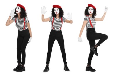 Funny mime posing on white background, set of photos