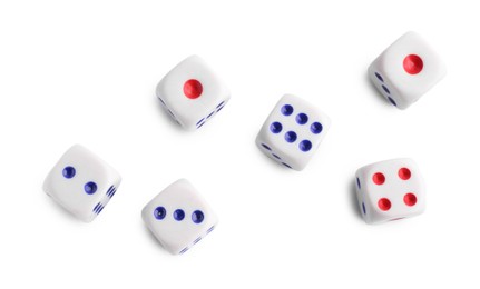 Photo of Many dices isolated on white, top view. Game cubes