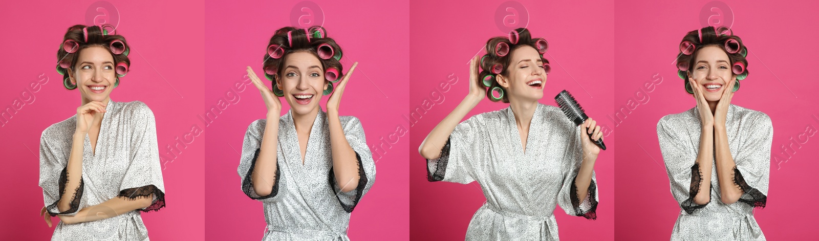 Image of Collage with photos of beautiful young woman wearing bathrobe with hair curlers on pink background. Banner design