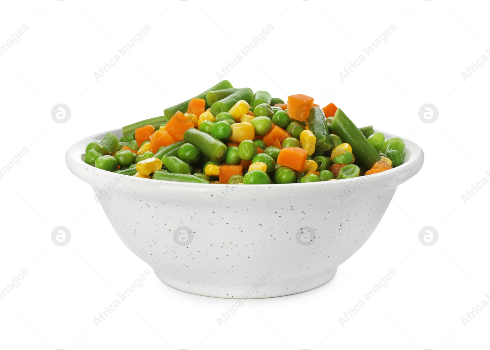 Photo of Mix of fresh vegetables in bowl on white background