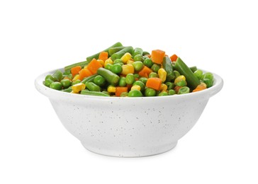 Mix of fresh vegetables in bowl on white background