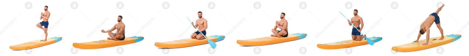 Image of Collage with photos of young man practicing yoga on sup board isolated on white