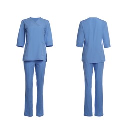 Image of Blue medical uniform isolated on white, collage with back and front views