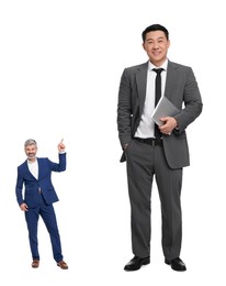 Small man pointing at giant boss and on white background