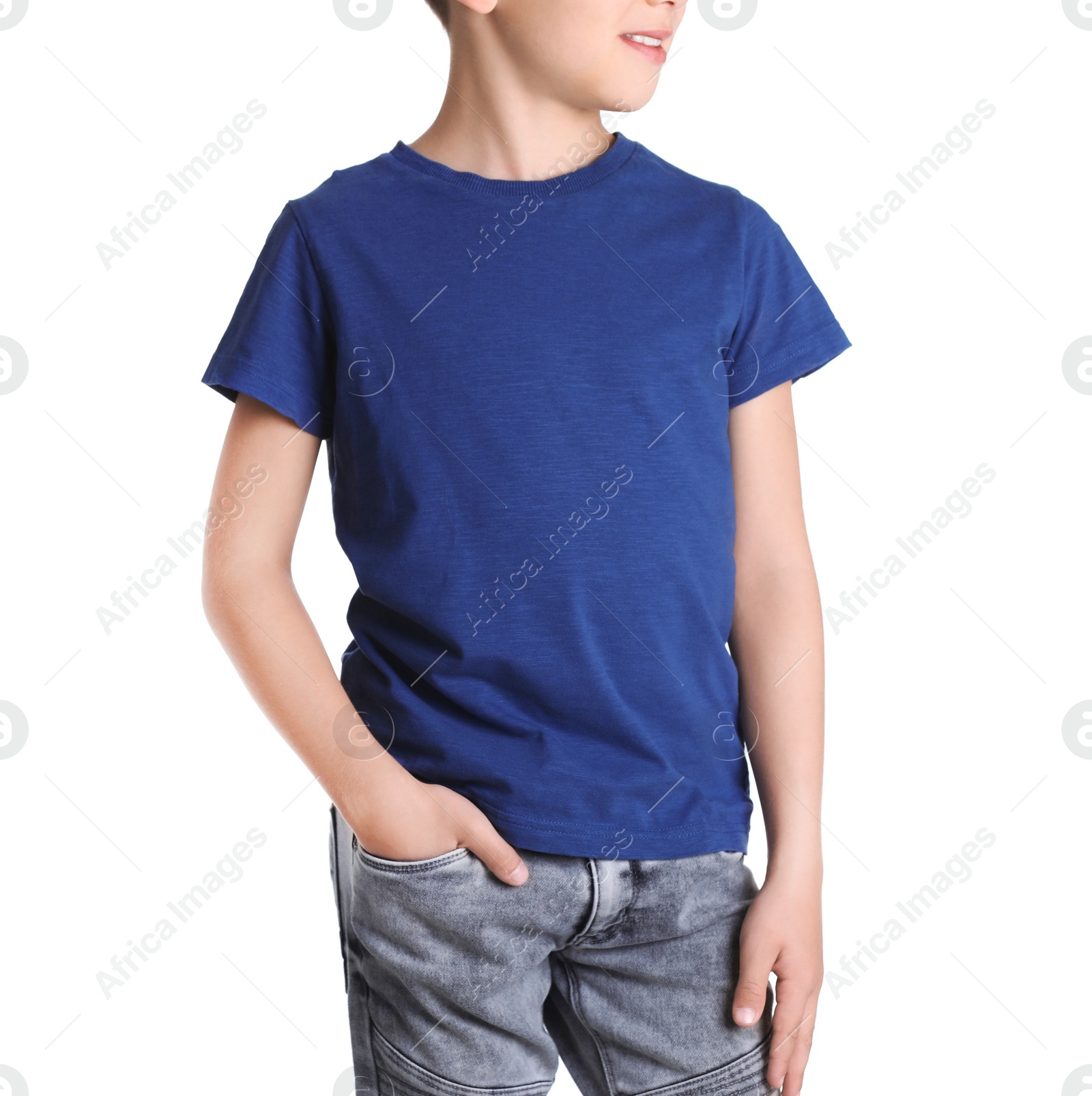 Photo of Little boy in t-shirt on white background. Mock-up for design