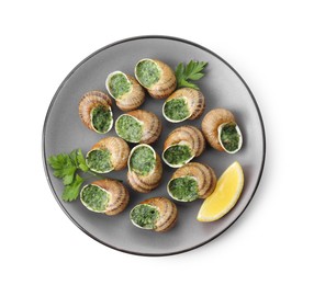 Photo of Delicious cooked snails with parsley and lemon isolated on white, top view