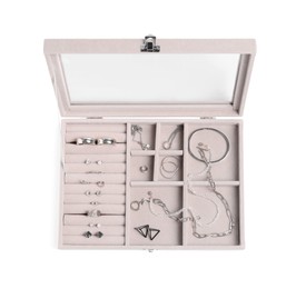 Photo of Jewelry box with many different silver accessories isolated on white, top view