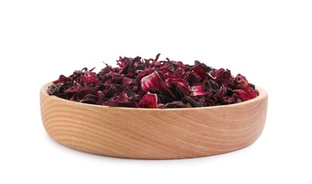 Photo of Hibiscus tea. Wooden bowl with dried roselle calyces isolated on white