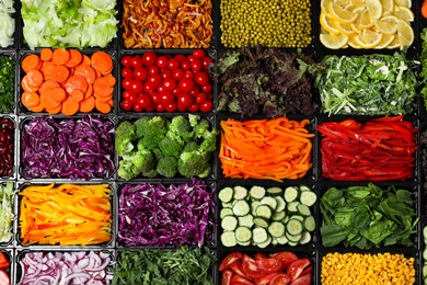 Photo of Salad bar with different fresh ingredients as background, top view