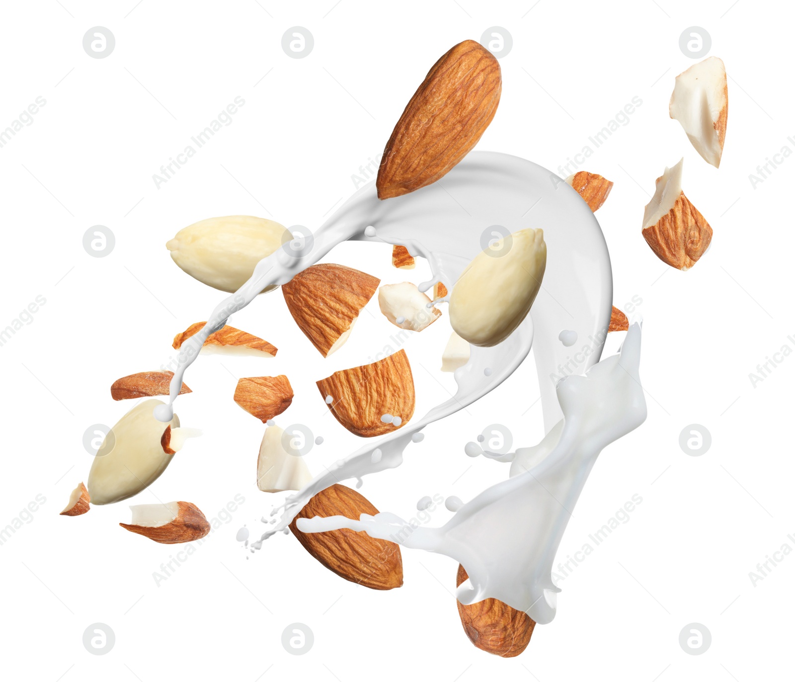 Image of Delicious almond milk and nuts on white background