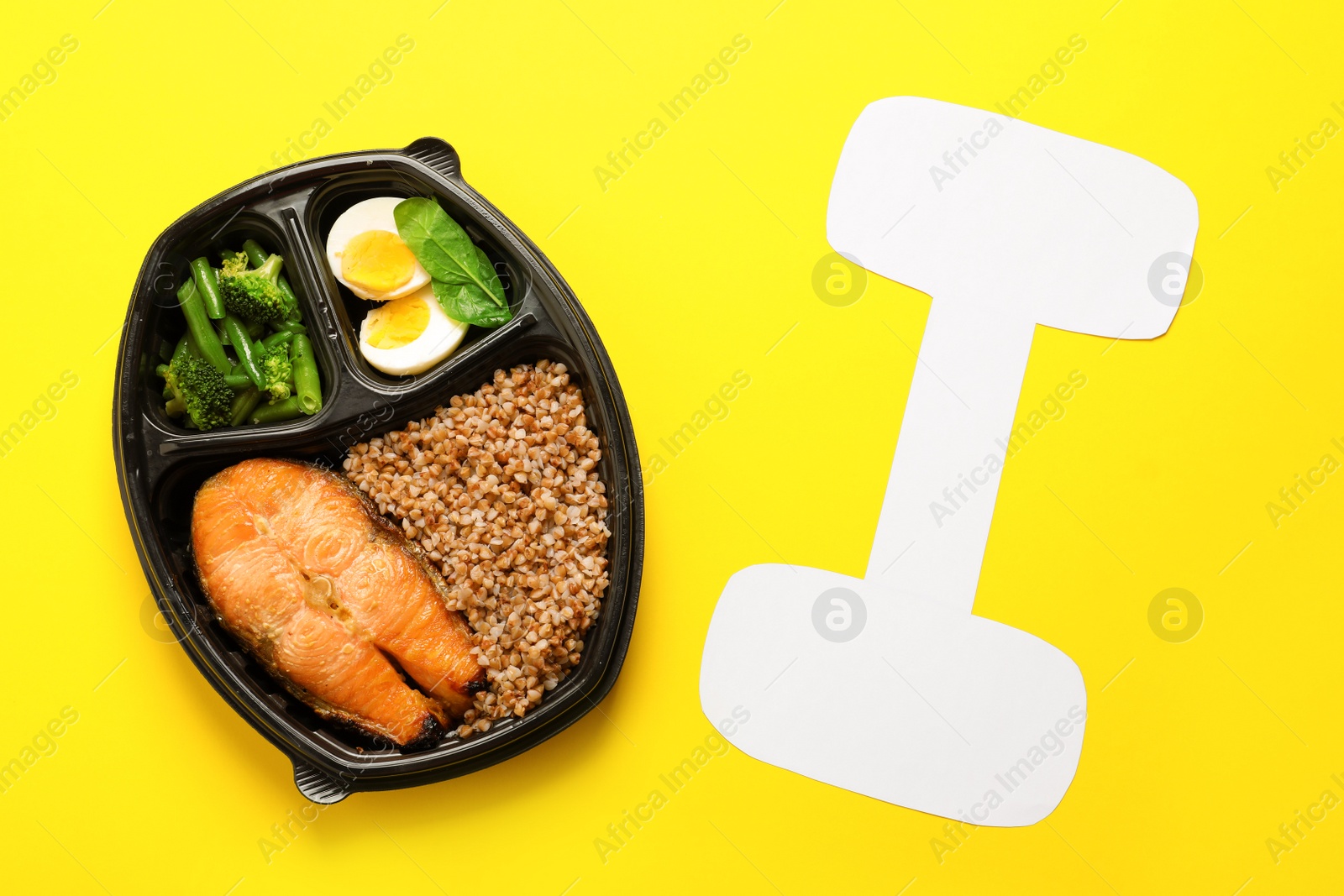 Photo of Flat lay composition with container of natural protein food on color background