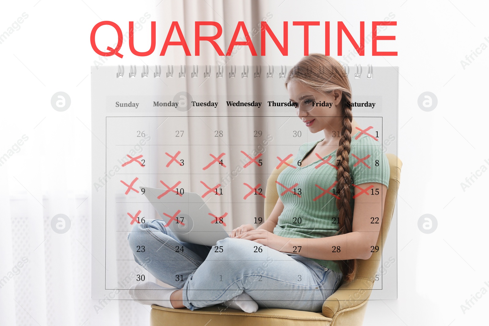 Image of Young woman using laptop at home and calendar. Quarantine during coronavirus outbreak