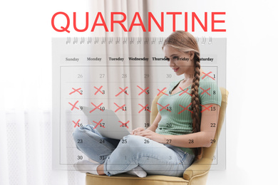 Image of Young woman using laptop at home and calendar. Quarantine during coronavirus outbreak