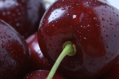 Ripe cherries with water drops as background, macro view. Fresh berry