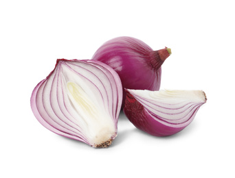 Photo of Fresh cut and whole red onion bulbs isolated on white