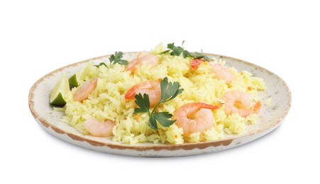 Photo of Delicious risotto with shrimps, lime and parsley isolated on white