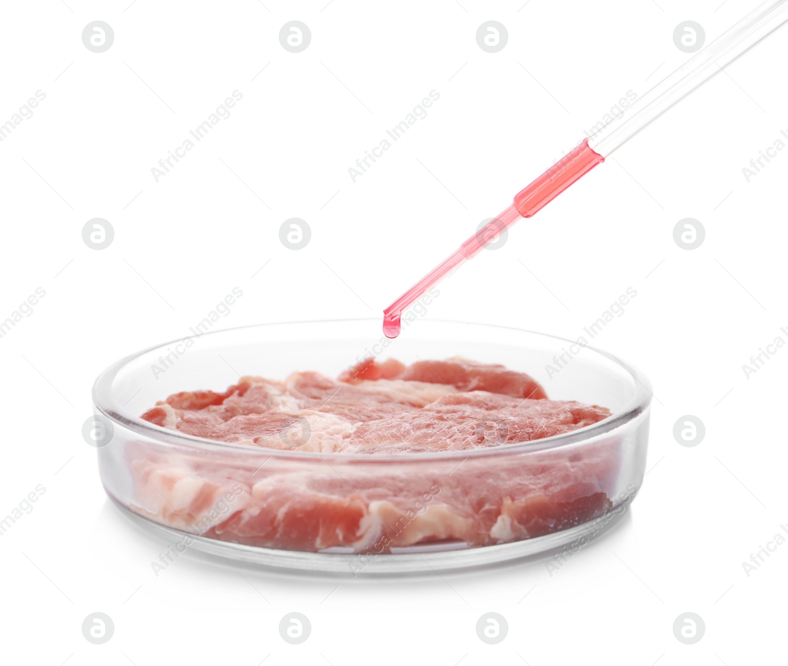 Photo of Dripping sample onto piece of raw cultured meat on white background