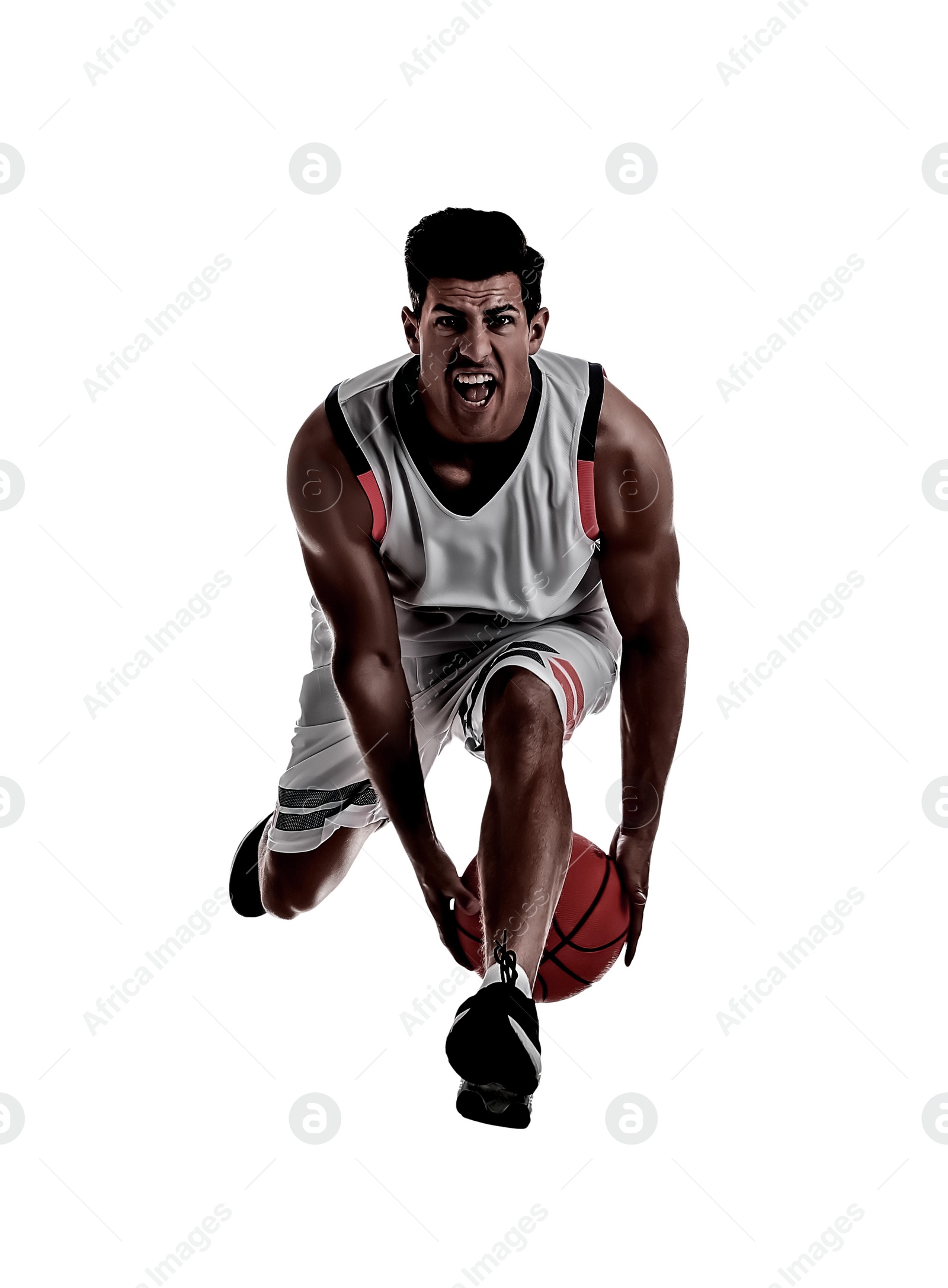 Image of Silhouette of professional sportsman playing basketball on white background