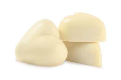 Photo of Beautiful heart shaped chocolate candies on white background