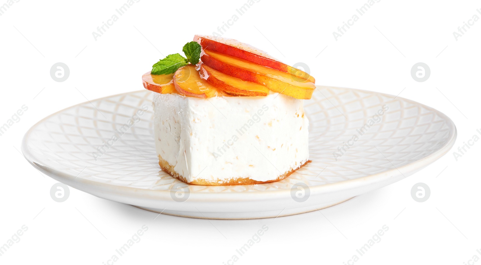 Photo of Delicious dessert with peach slices isolated on white