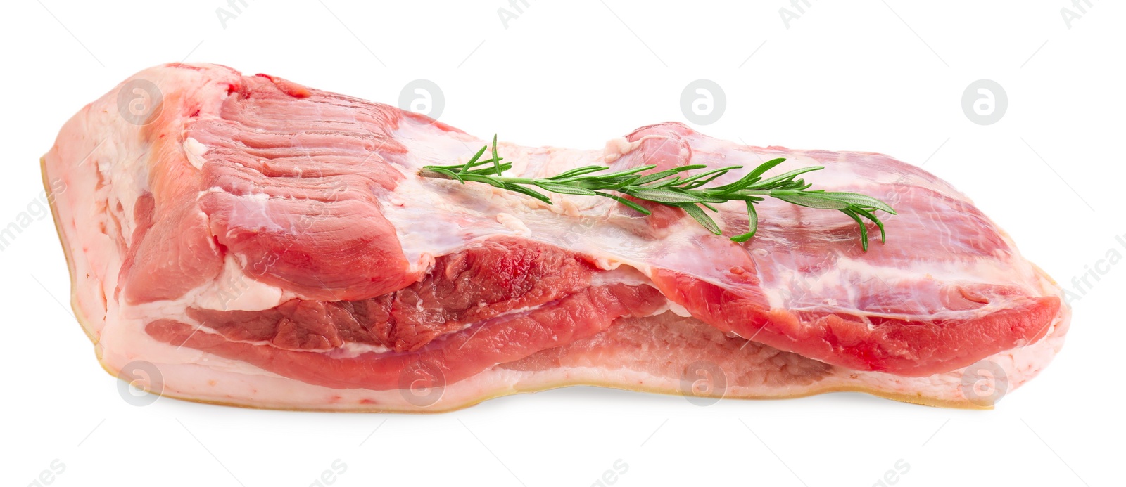 Photo of One piece of raw pork belly and rosemary isolated on white