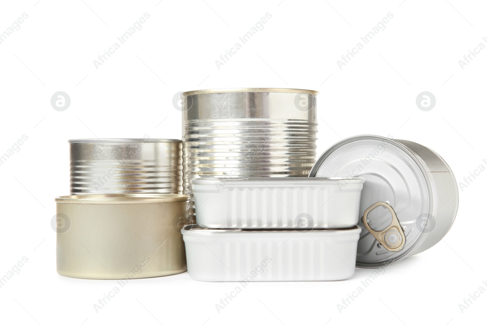 Photo of Group of tin cans isolated on white