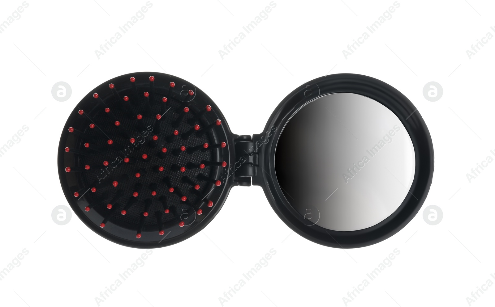 Photo of Round folding hair brush with mirror isolated on white, top view