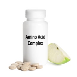 Plastic bottle with Amino Acid Complex, pills and piece of apple on white background