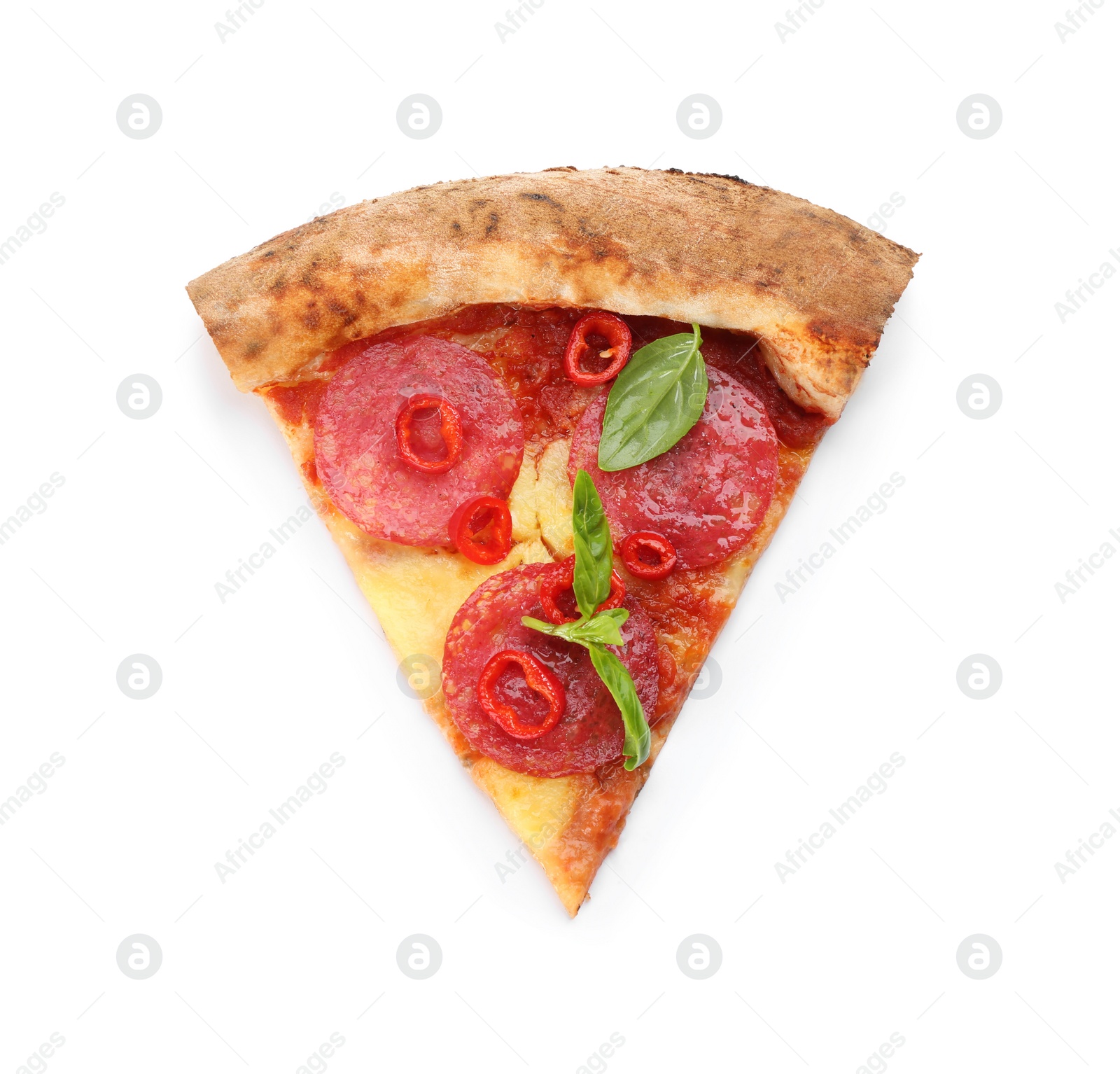 Photo of Slice of delicious pizza isolated on white, top view