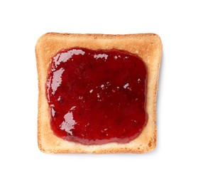 Tasty toast with raspberry jam isolated on white, top view