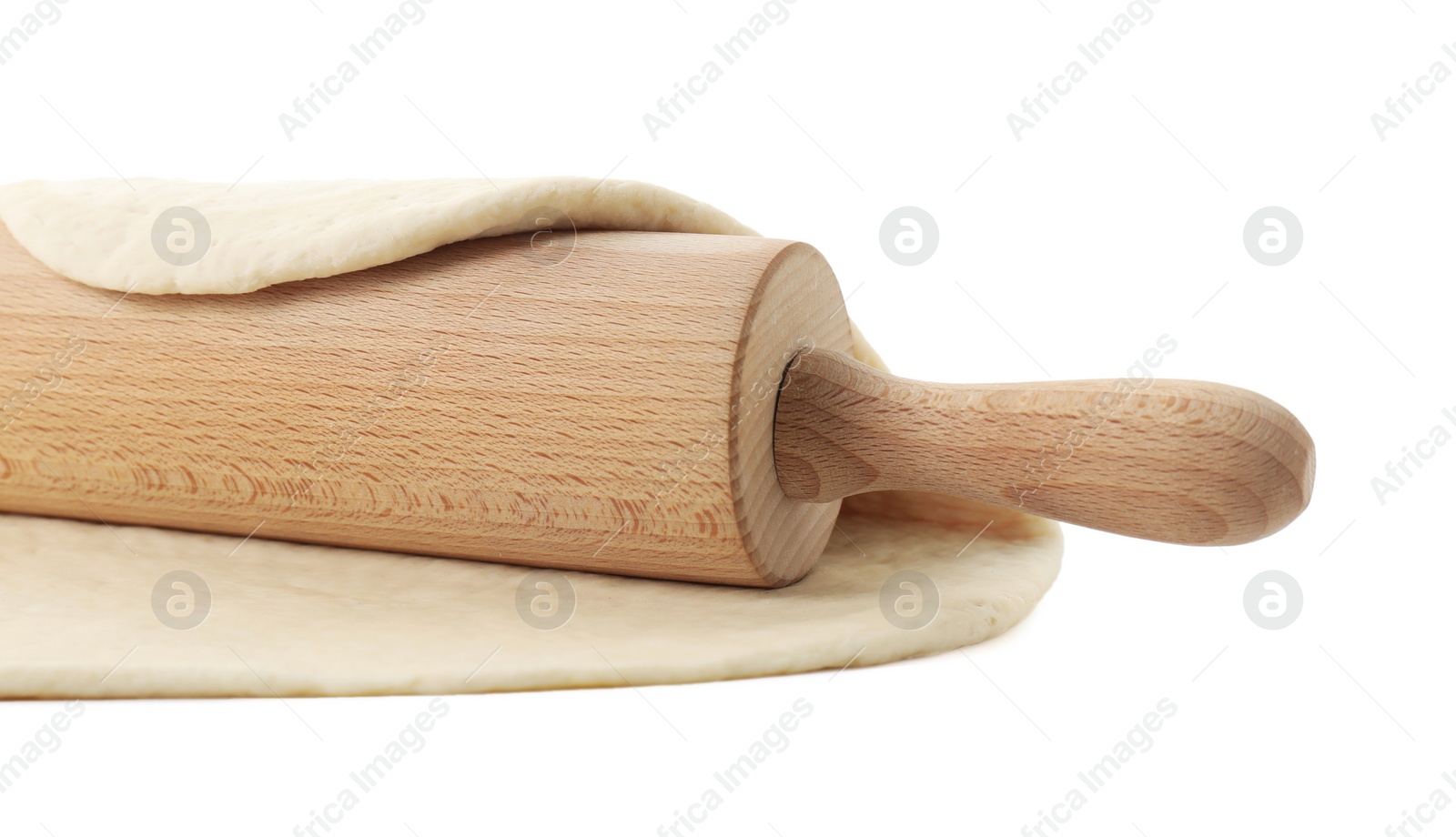 Photo of Raw dough and rolling pin isolated on white