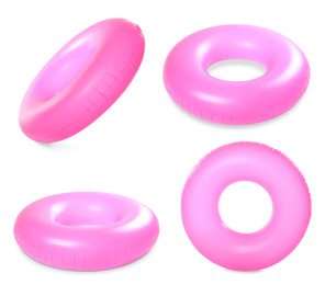 Set with bright inflatable rings on white background