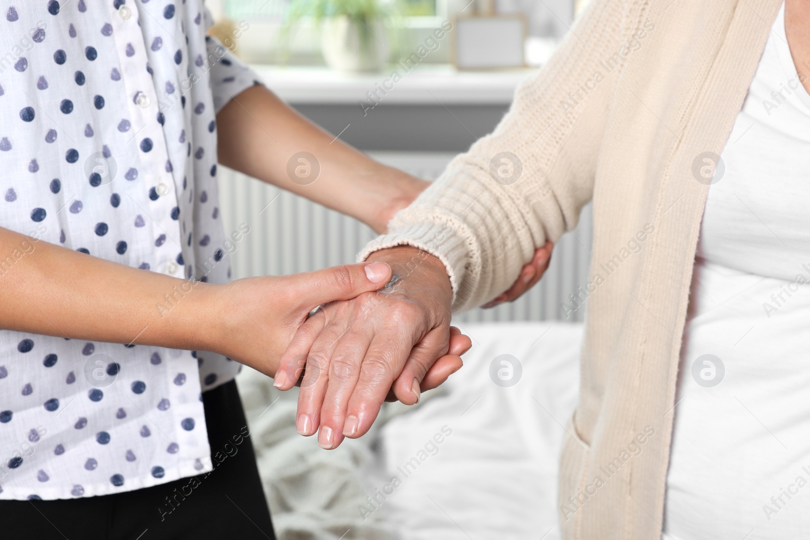 Photo of Caregiver helping elderly woman at home, closeup