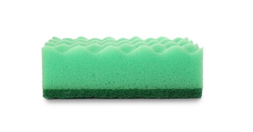 Photo of Green cleaning sponge with abrasive scourer isolated on white