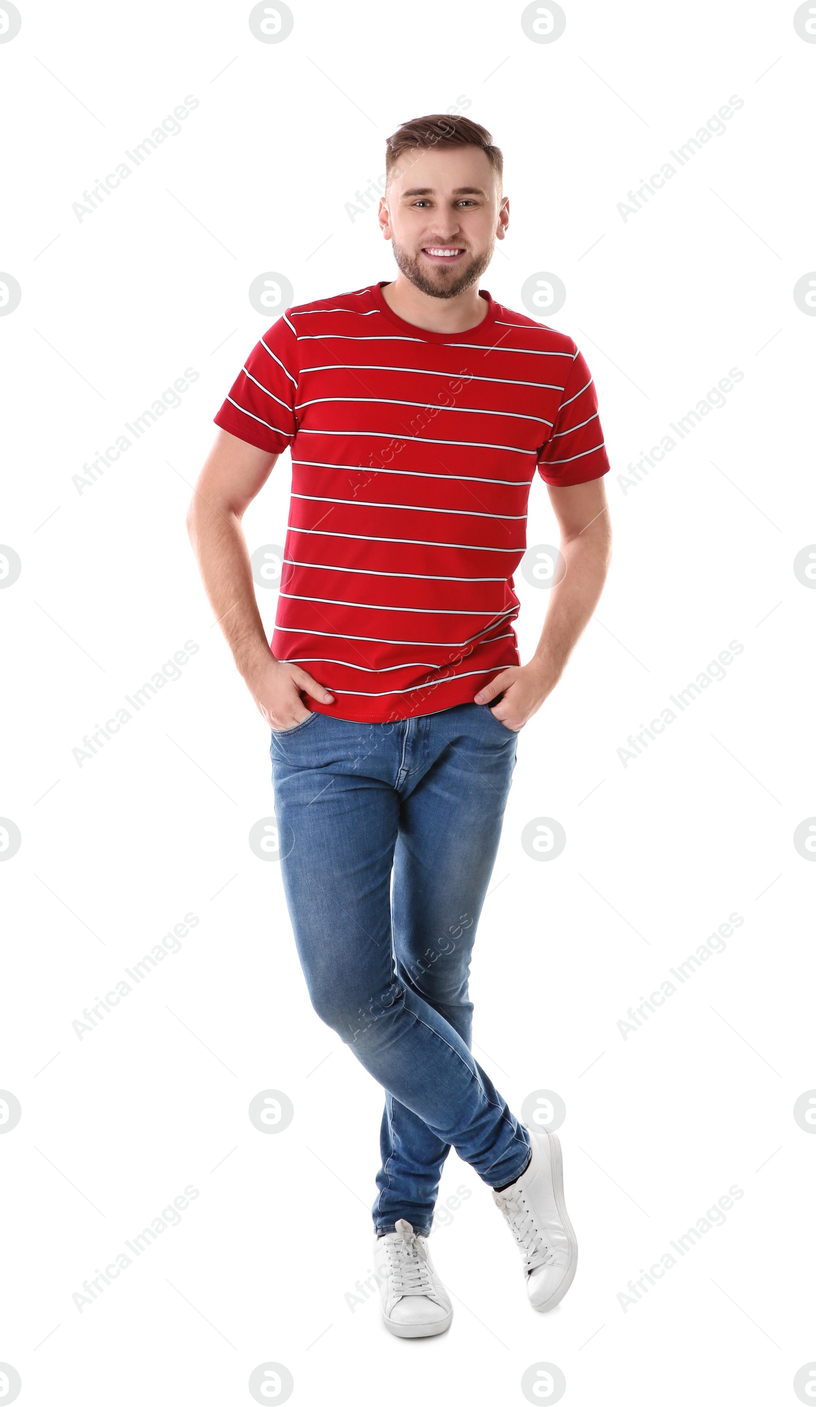 Photo of Full length portrait of young man on white background