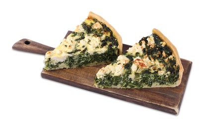 Photo of Pieces of delicious homemade spinach quiche on white background