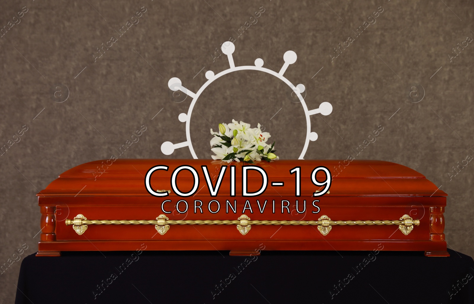 Image of Coronavirus deaths. Funeral casket with white lilies at grey wall
