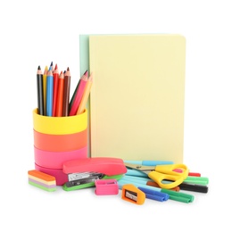 Photo of Set of colorful school stationery on white background