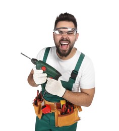 Photo of Emotional worker in uniform with power drill on white background