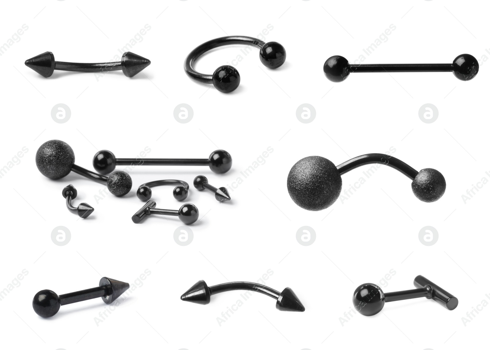 Image of Set with different piercing jewelry on white background