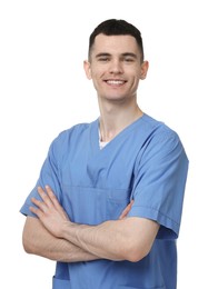 Photo of Portrait of smiling medical assistant with crossed arms on white background