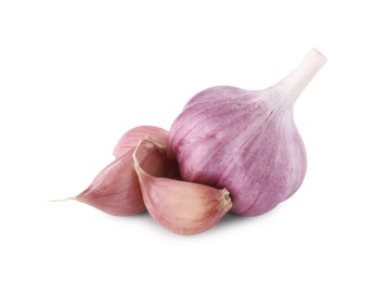 Photo of Fresh raw garlic head and cloves isolated on white