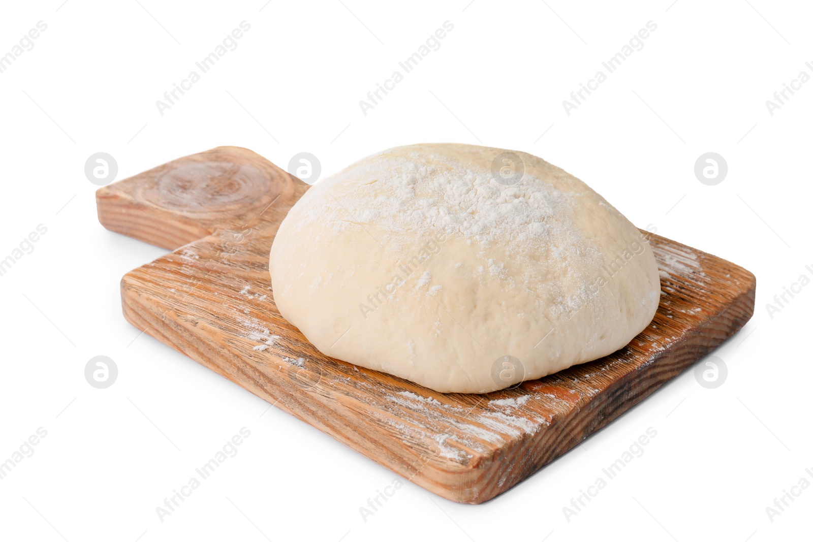 Photo of Wooden board with raw dough on white background