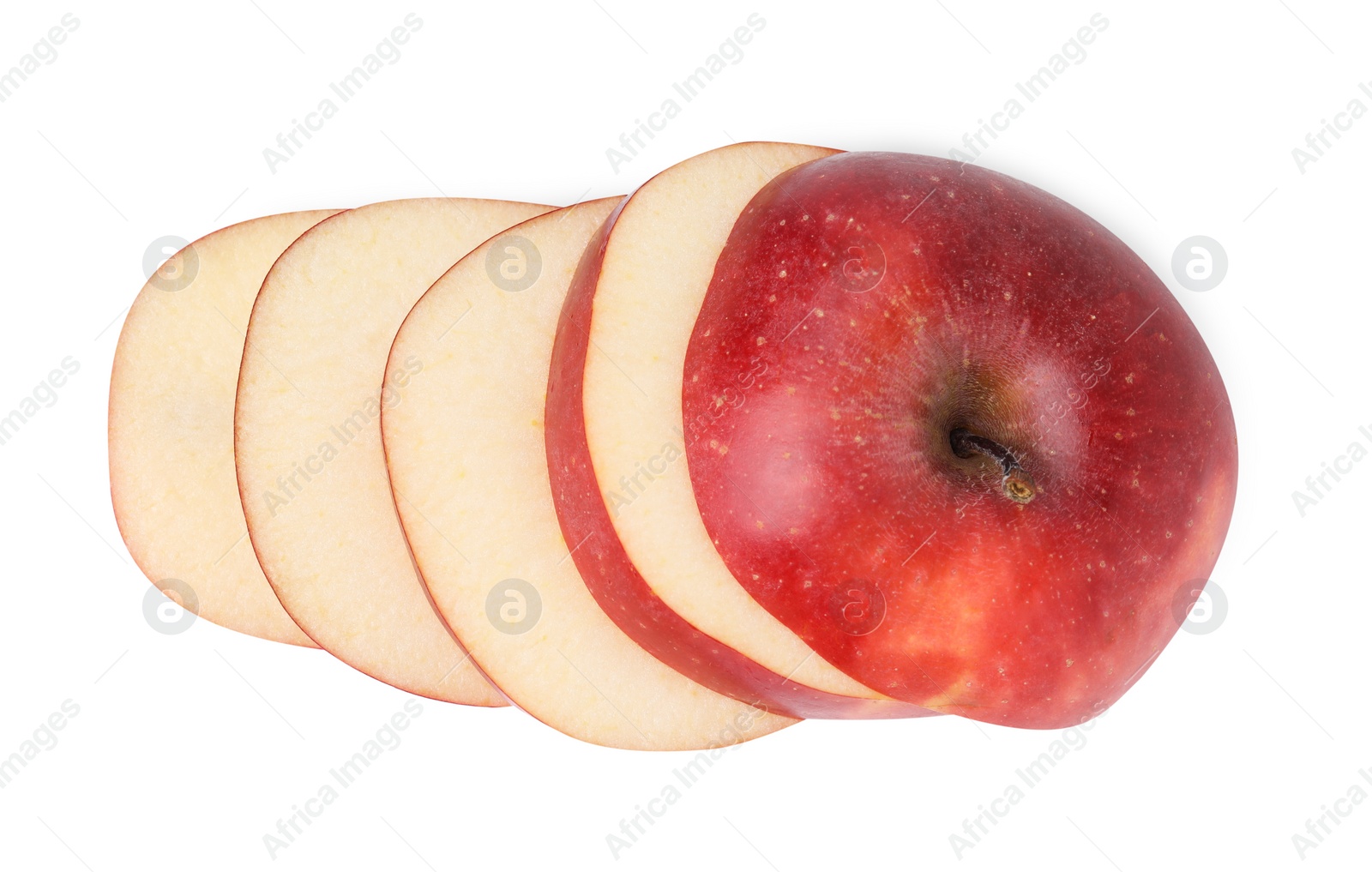 Photo of Sliced ripe red apple isolated on white, top view