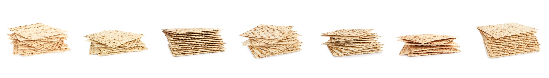 Image of Set with Passover matzos on white background, banner design. Pesach celebration