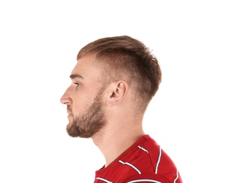 Photo of Young man on white background. Hearing problem