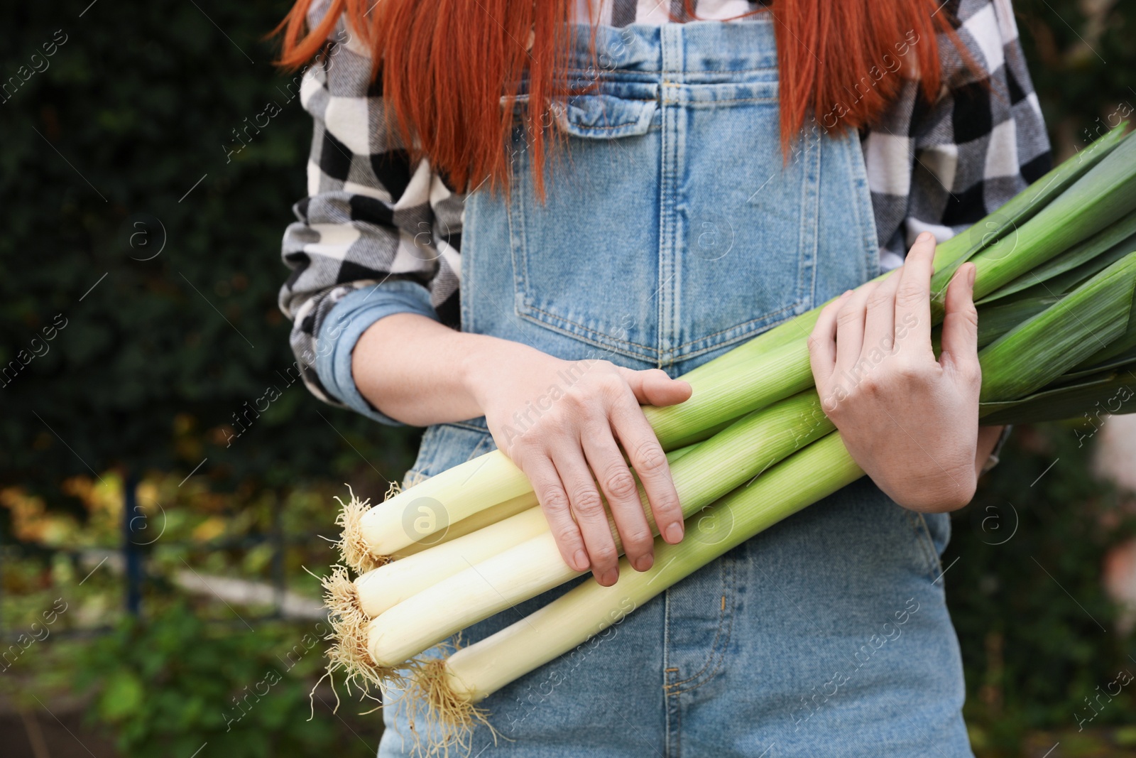 Photo of Woman holding fresh raw leeks outdoors, closeup