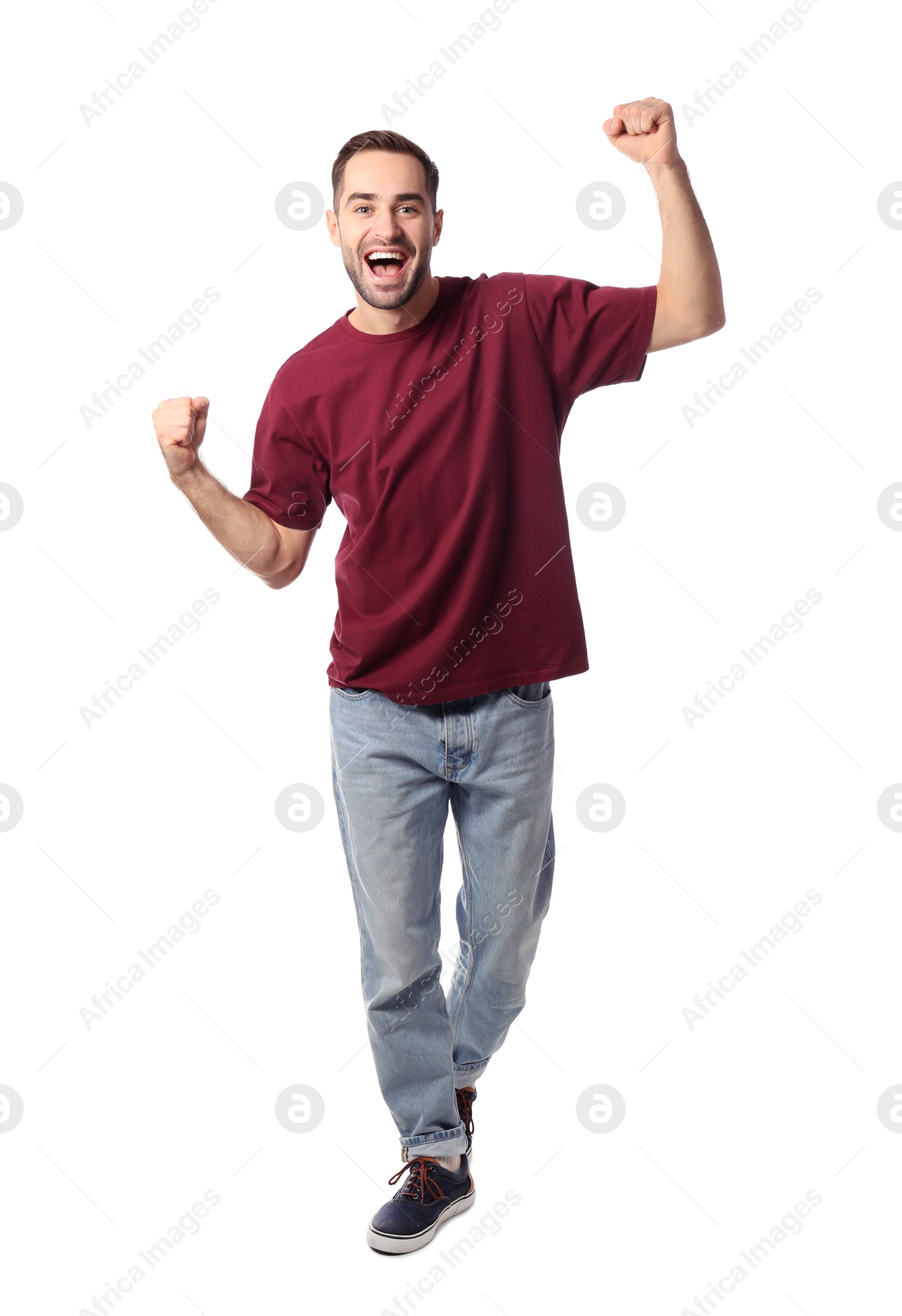 Photo of Full length portrait of emotional handsome man on white background