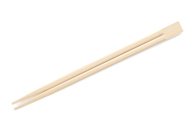 Photo of Chopsticks made of bamboo on white background, top view