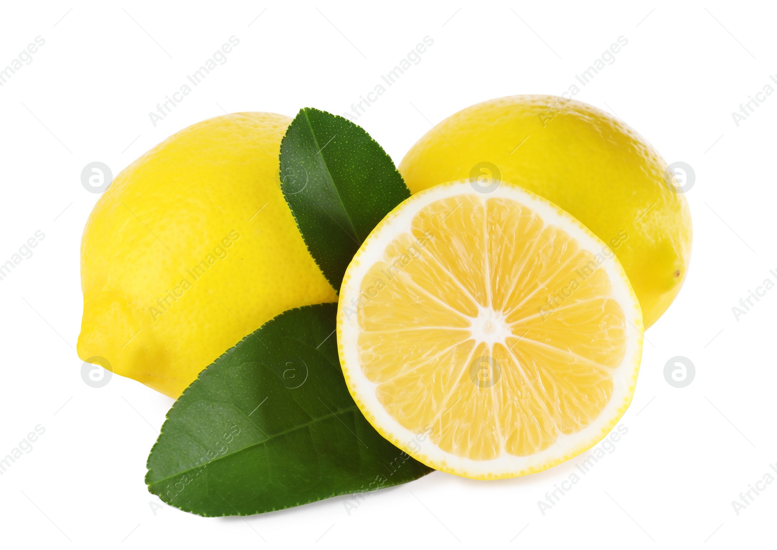 Photo of Tasty fresh lemons and leaves on white background